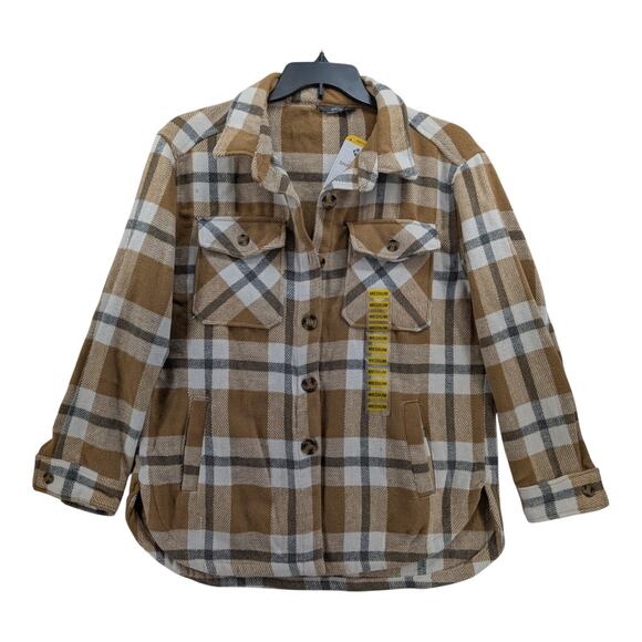 Member's Mark Plaid Shacket Medium Tan White Womens Layer Shirt Jacket Boxy Fit - Picture 10 of 11